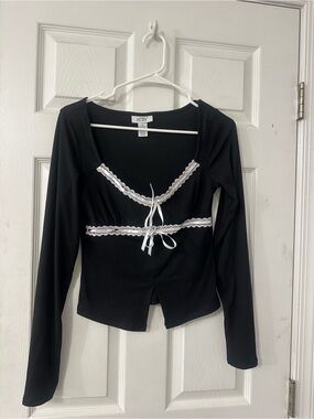 Just Polly Black Long-Sleeve Lace-Trim Tie-Front Top with White Accents